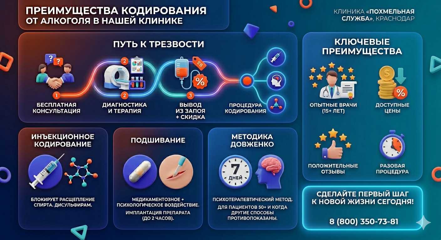 Инфографика о методах кодирования от алкоголя в Дебальцево: инъекции, подшивание, метод Довженко. Преимущества клиники и этапы лечения.